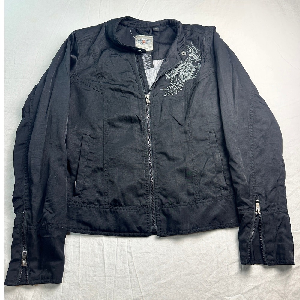 Harley-Davidson Womens Black Nylon Riding Jacket Studded Tribal Embroidered M